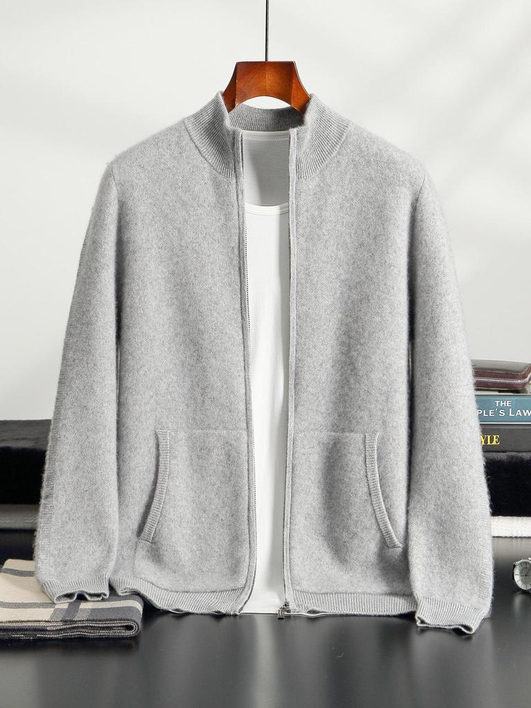 Siping Men's Thick Cashmere Cardigan, Zipper Stand Collar, Warm Knit Outerwear, Business Casual Wool Sweater