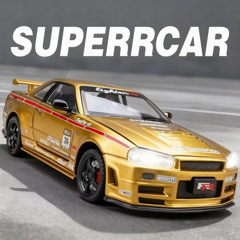 1/24 Nissan Skyline Ares GTR GT-R R34 Alloy Sports Car Model Diecast Metal Track Racing Car Vehicle Model Sound and Light Kids Toy Gift