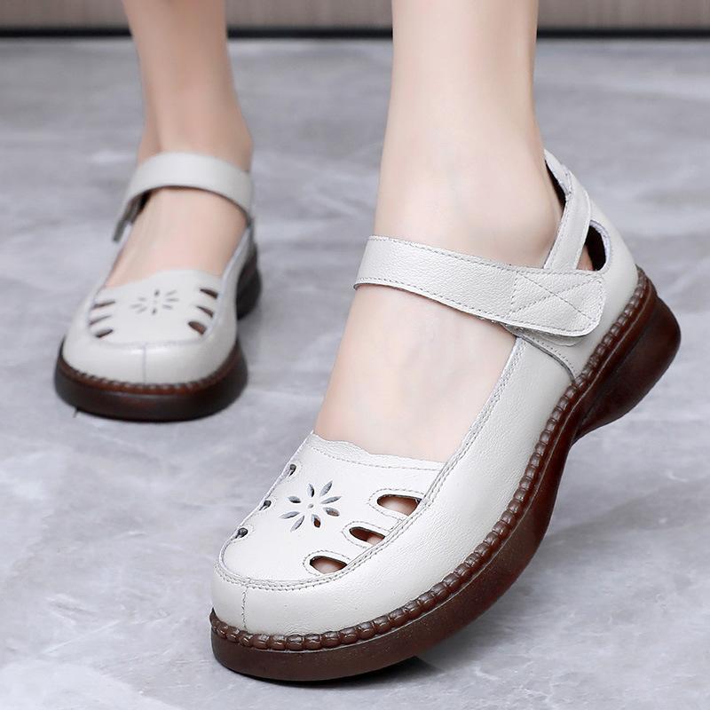 GKTINOO 2025 Summer Genuine Leather Hollow Shoes Woman Sandals Casual Mom Flat Soft Sole Comfortable Sneakers Non-slip