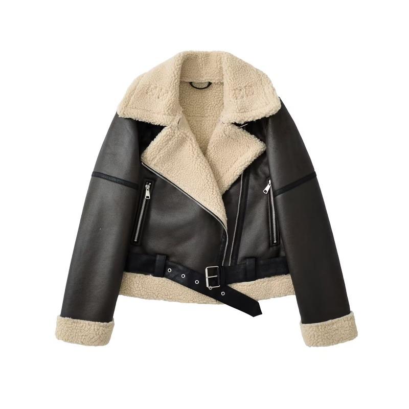 Winter women's clothing large lapel women's thickened locomotive suede fur integrated jacket