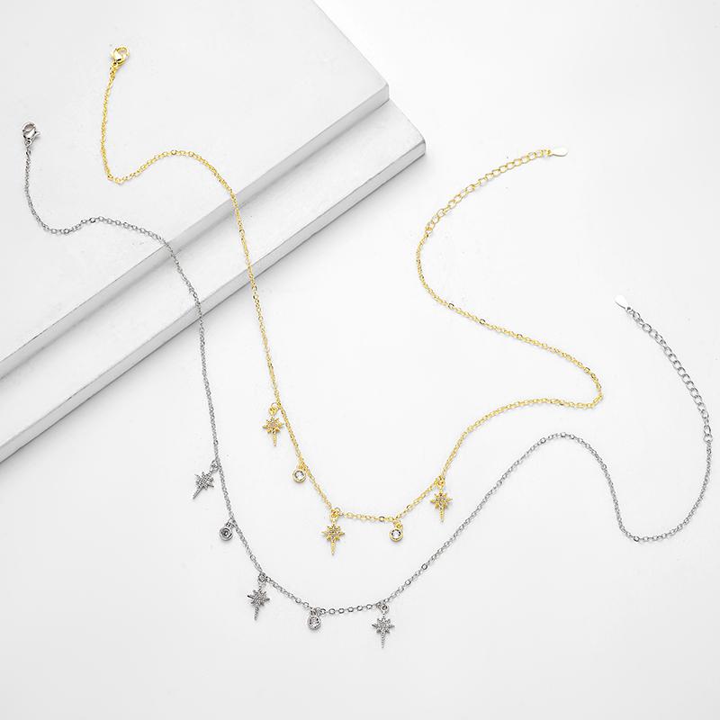 ANENJERY Funkelnde Stern Anhänger Halskette aus Zirkonia für Damen Gold Silber Farbe Verstellbare Kette Quaste Choker