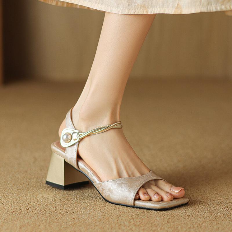 New National Style Size Sandals Women's Summer Mid-heel Square Head National Comfortable Soft Sole Buckle Women's Wide Strip Sandals