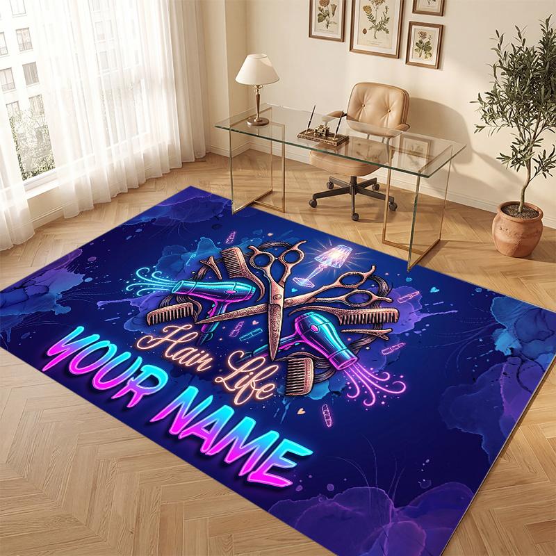 Barber Salon Theme Soft Crystal Velvet Rug Custom Name & Text Print Non Slip Floor Rug for Bedroom Living Room