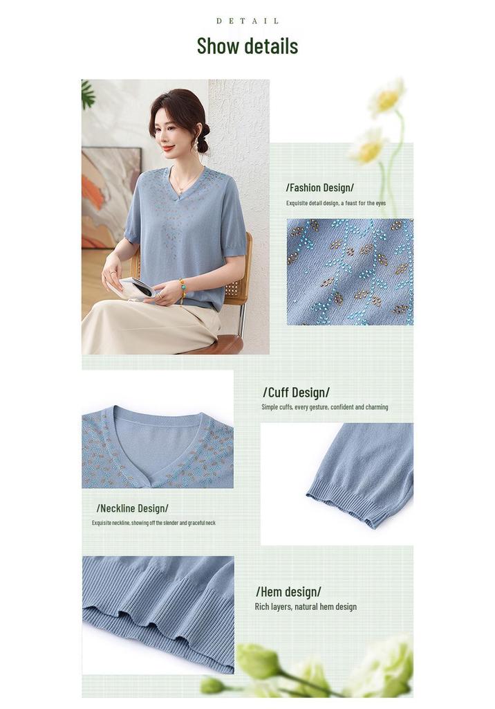 Mom's Chic V-neck Ice Silk Cardigan & T-shirt for Middle-aged & Elderly Women