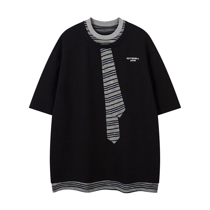 Men's Casual Short Sleeve Color Block Crew Neck T-Shirt with Embroidered Tie Design
