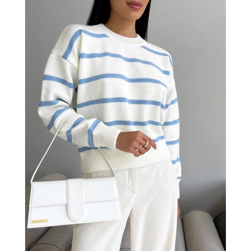 European and American Striped Knitted Round Neck Pullover Long Sleeve Bottoming Shirt Outdoor Sweater Women Knitted Sweater