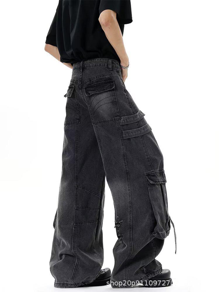Unisex Deconstructed Ribbon Cargo Denim Jeans - Trendy Autumn Ripped Wide-Leg Multi-Pocket Style for High Street