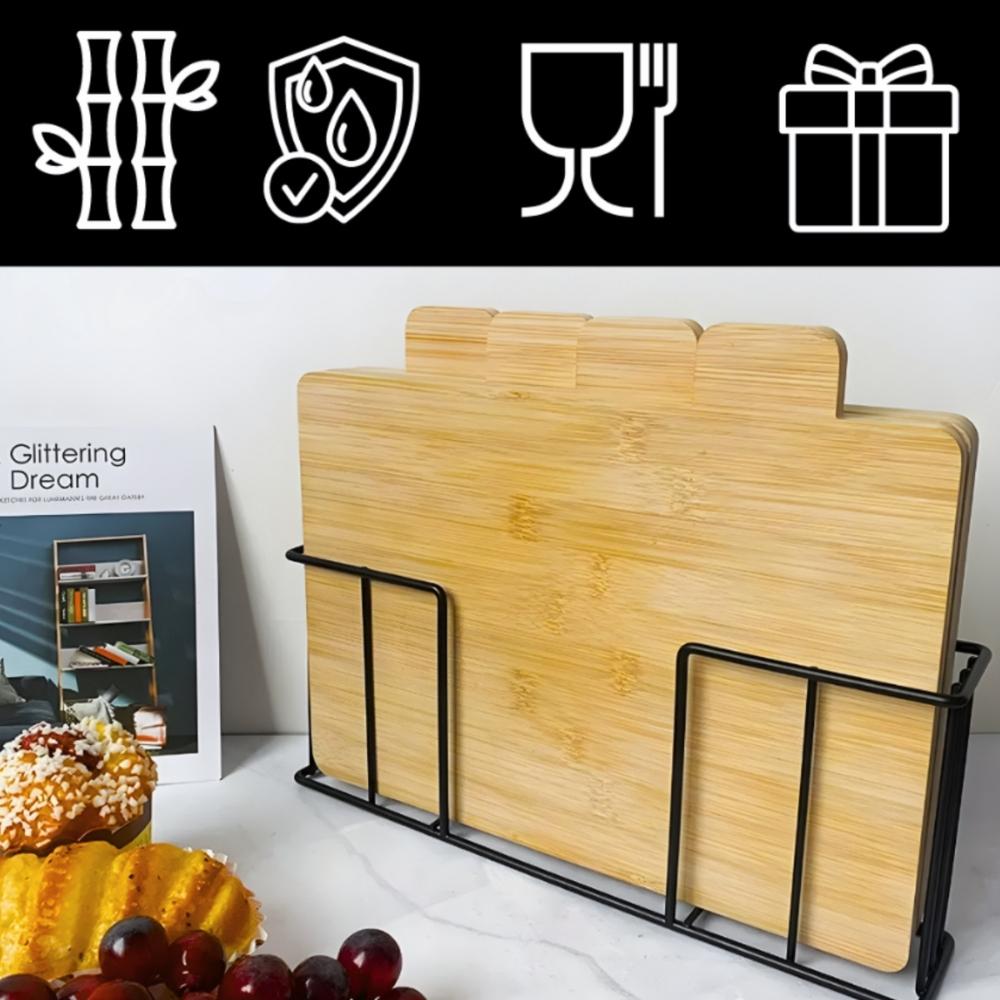 Set of 4 cutting board serving kitchen bamboo wooden + stand