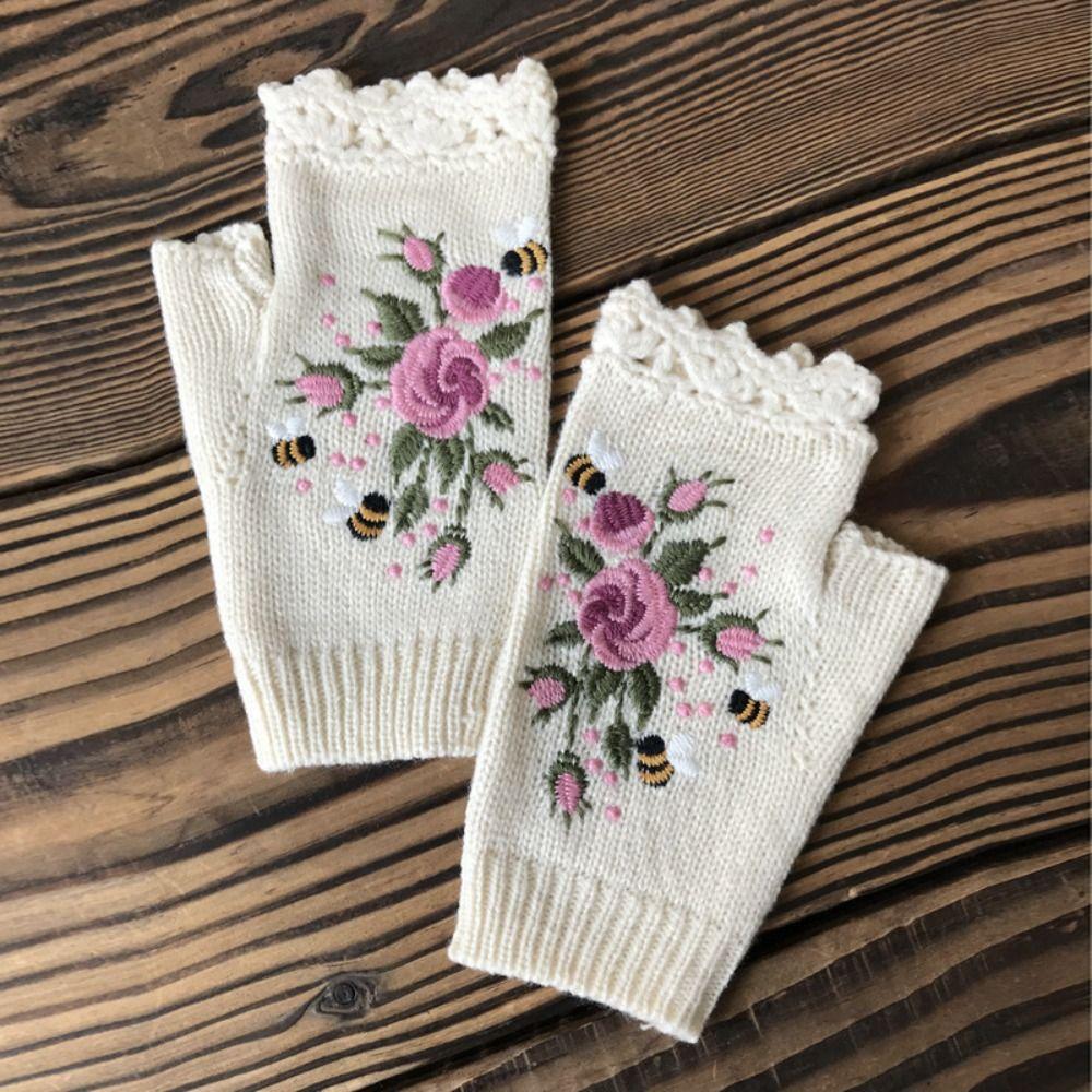 Vintage Winter Wool Gloves Floral Crochet Flower Mittens Cute Fingerless Gloves  Girls