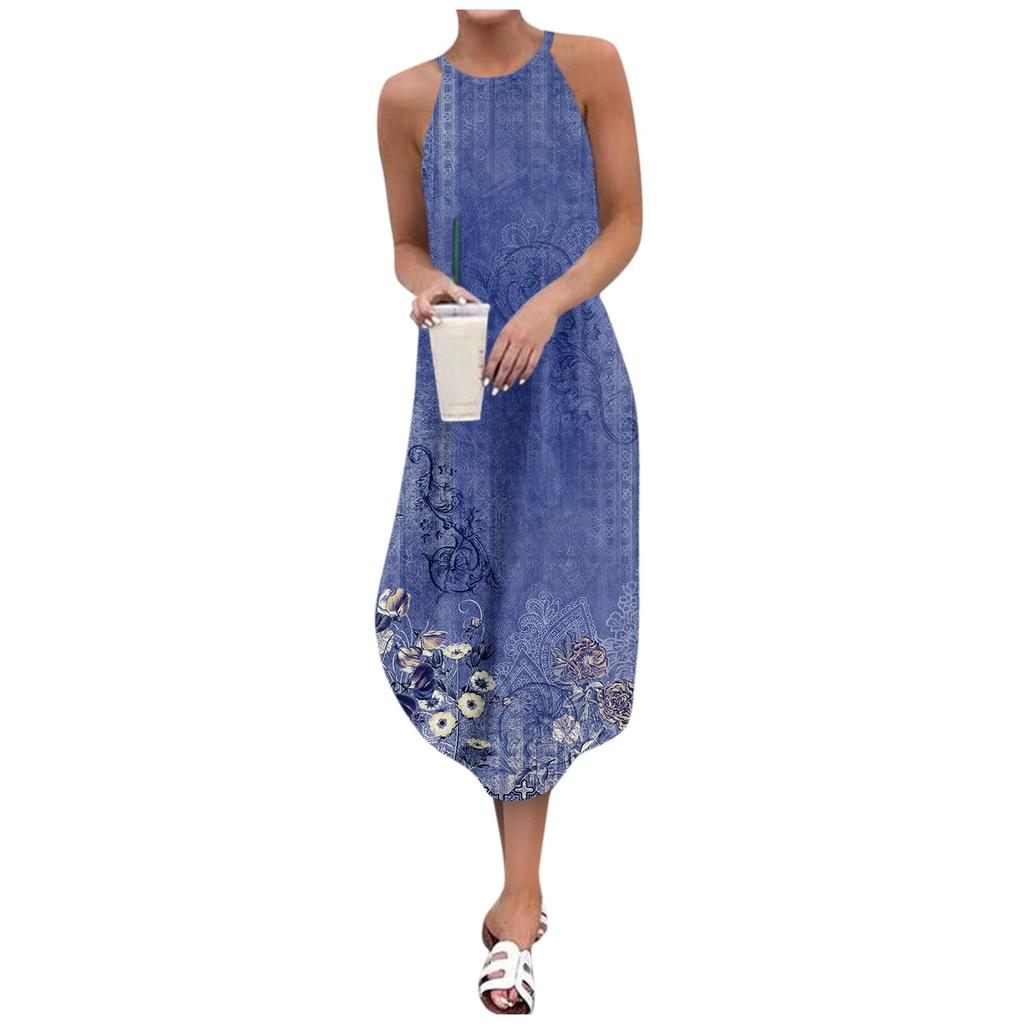 Ženy Dámy Ležérní Sexy Potisk Móda Kulatý výstřih Popruh Volné Midi šaty bez rukávů