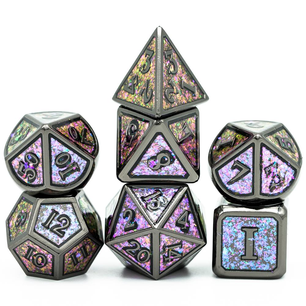 Cusdie Metal Glitter Dices DND 7Pcs Frame Solid D&D Dice D4-D20 Polyhedral Dice Set for Role Playing Game Pathfinder TRPG