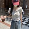 Front Shoulder V-neck Short-sleeved T-shirt for Women's Inner Wear, Summer New Design Sense Niche White Slim-fitting Pleated Waist Top