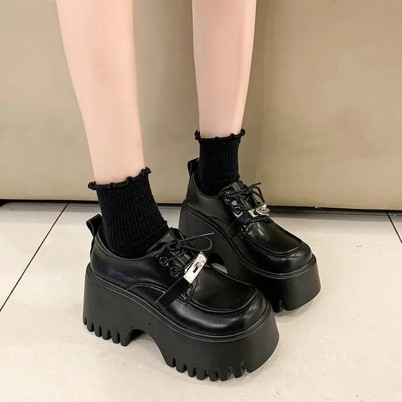 Fashion 8CM Lolita Shoes Women Mary Jane Lace Up Loafers Girls Students Uniform High Heels Platform Office Shoes Cosplay Female Shoes
