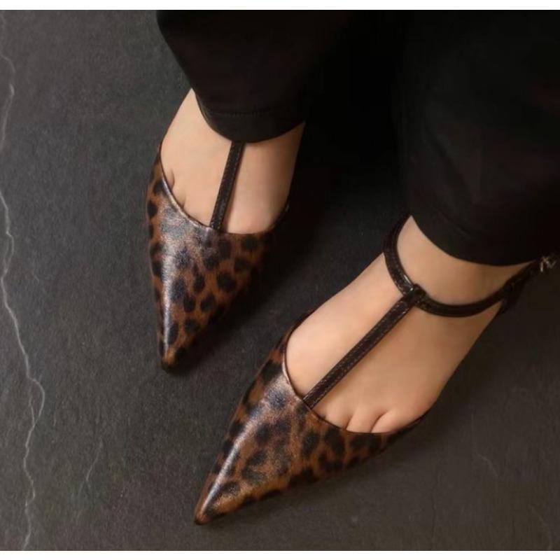 Leopard Print Pointed Toe Office Shoes Designer Shallow Stilettos Ankle Strap Women High Heels Pumps Elegant Low Heels Sandals