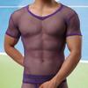 Men Tops V-Neck Short Sleeve Hollow Mesh Design Tee Shirt Solid Color Breathable Casual Style Tops Daily Wear