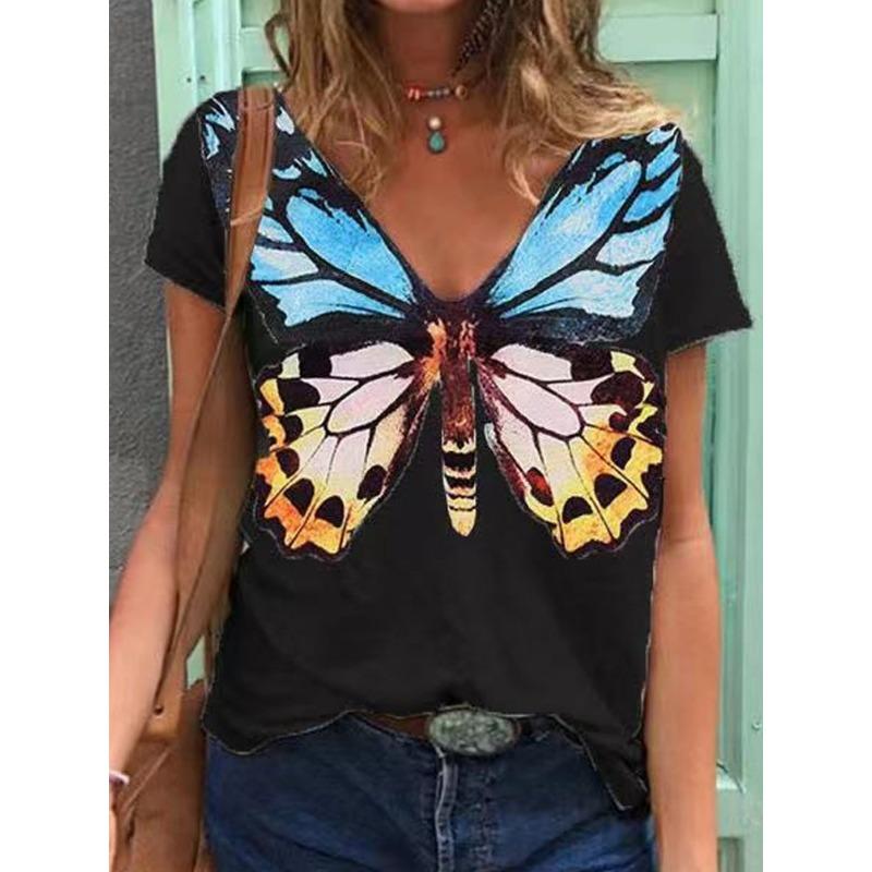 Sommer Schmetterling Libelle 3D V-Ausschnitt Bedruckt Neues Damen Top T-Shirt
