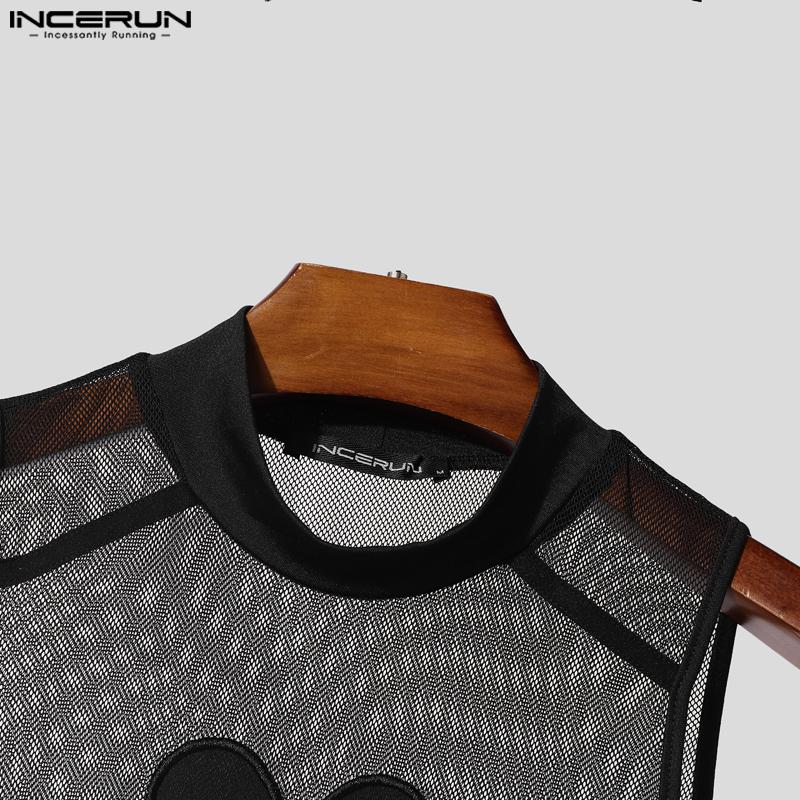 INCERUN Men Sleeveless Mesh Patchwork Printed Briefs Jumpsuits Bodysuits