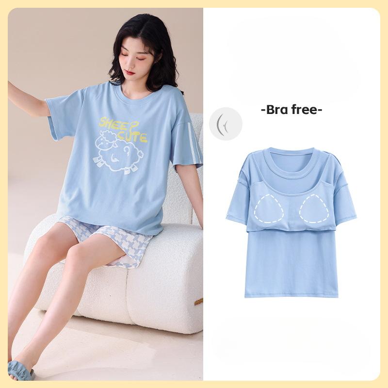 Pyjama Damen Sommer mit Kissen, süßen und niedlichen Shorts, kann außerhalb des kurzärmeligen Baumwollanzugs Homewear getragen werden