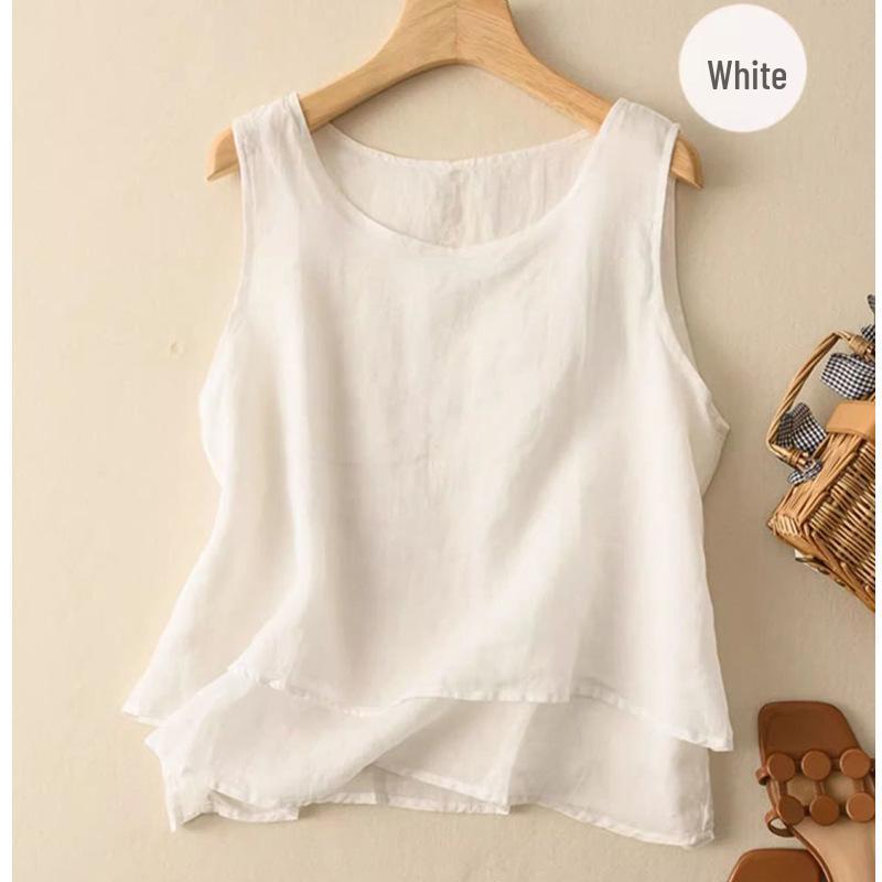 Dámská bavlněná lněná tílko nadměrné velikosti - Volný střih Retro minimalistický design