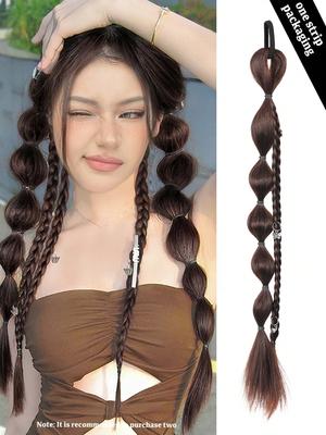 Peluca de cola de caballo trenzada de burbuja natural de pelo largo y liso sintético con banda de goma de moda natural