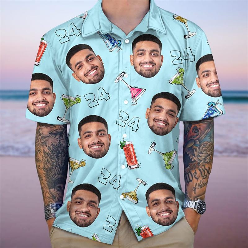 Men's Personalized 2026 Summer Hawaiian Shirt With Custom Birthday Photo, 3D Printed Tropical Plants Button Down Short Sleeve