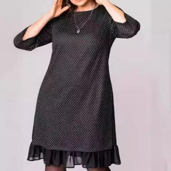 Elegant Black Polka Dot Round Neck Dress for Middle-Aged Women