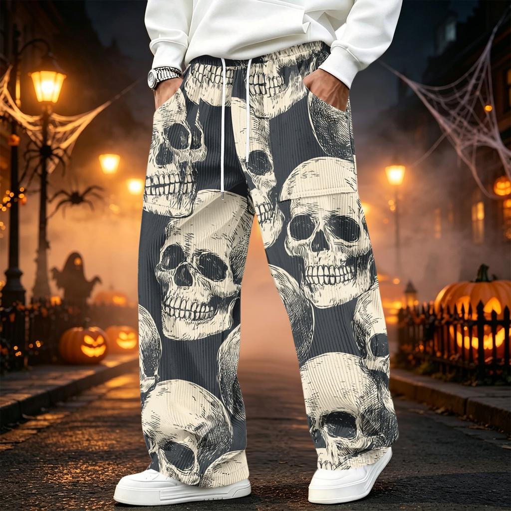 Men's Corduroy Straight Leg Joggers with Elastic Waistband and, Loose Fit Casual Pants, Halloween Print