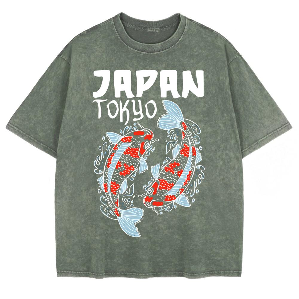 Japanese Koi Harajuku Printed Washed T-Shirts Mens Cotton Short Sleeve Tops Summer O-Neck Oversized T Shirt Clothes