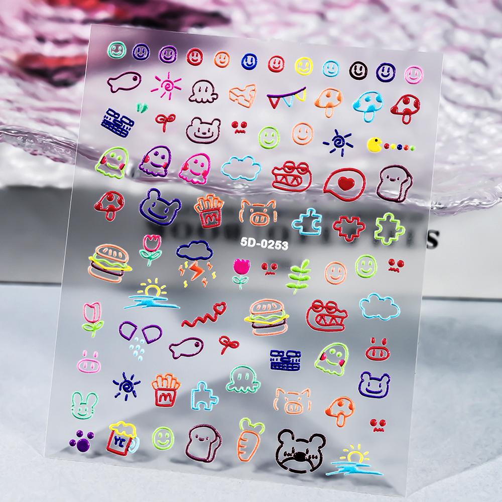 1 SZT. 5D Kawaii Wytłaczane Wykwintne Naklejki na Paznokcie z Uśmiechniętą Twarzą Japońskie Żelowe Makaroniki Nail Art Samoprzylepne DIY Ozdoby do Paznokci