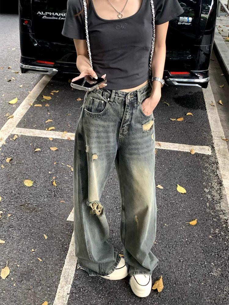 Damen Amerikanische Retro High Waist Petite Wide Leg Ripped Jeans