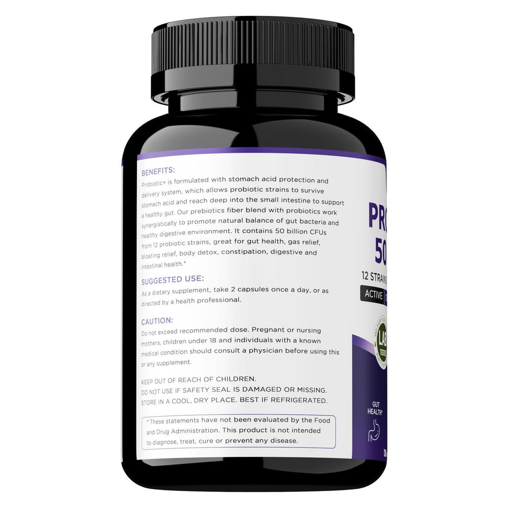 Probiotic 50 Billion CFU Enzyme Supplement, Capsule, 12 Strains with 3 Prebiotics, Digestive Health Support