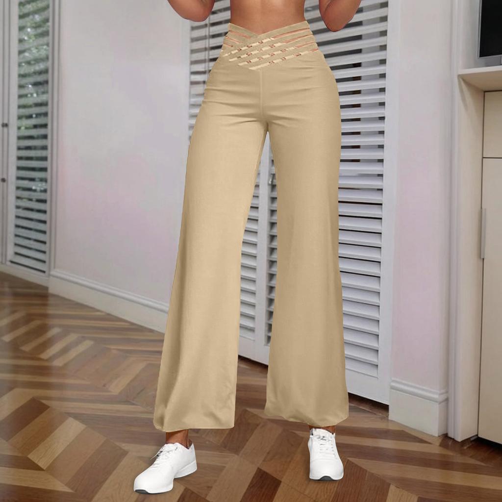 Damenhose mit hohlem Gürtel, Temperament, Schlaghose, hohe Taille, lässige Hose mit weitem Bein