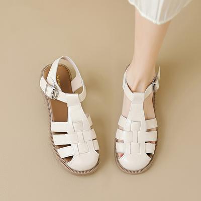 Sandálias Femininas de Couro de Vaca da Moda com Salto Grosso Verão Casual Sandálias Romanas Sapatos Femininos