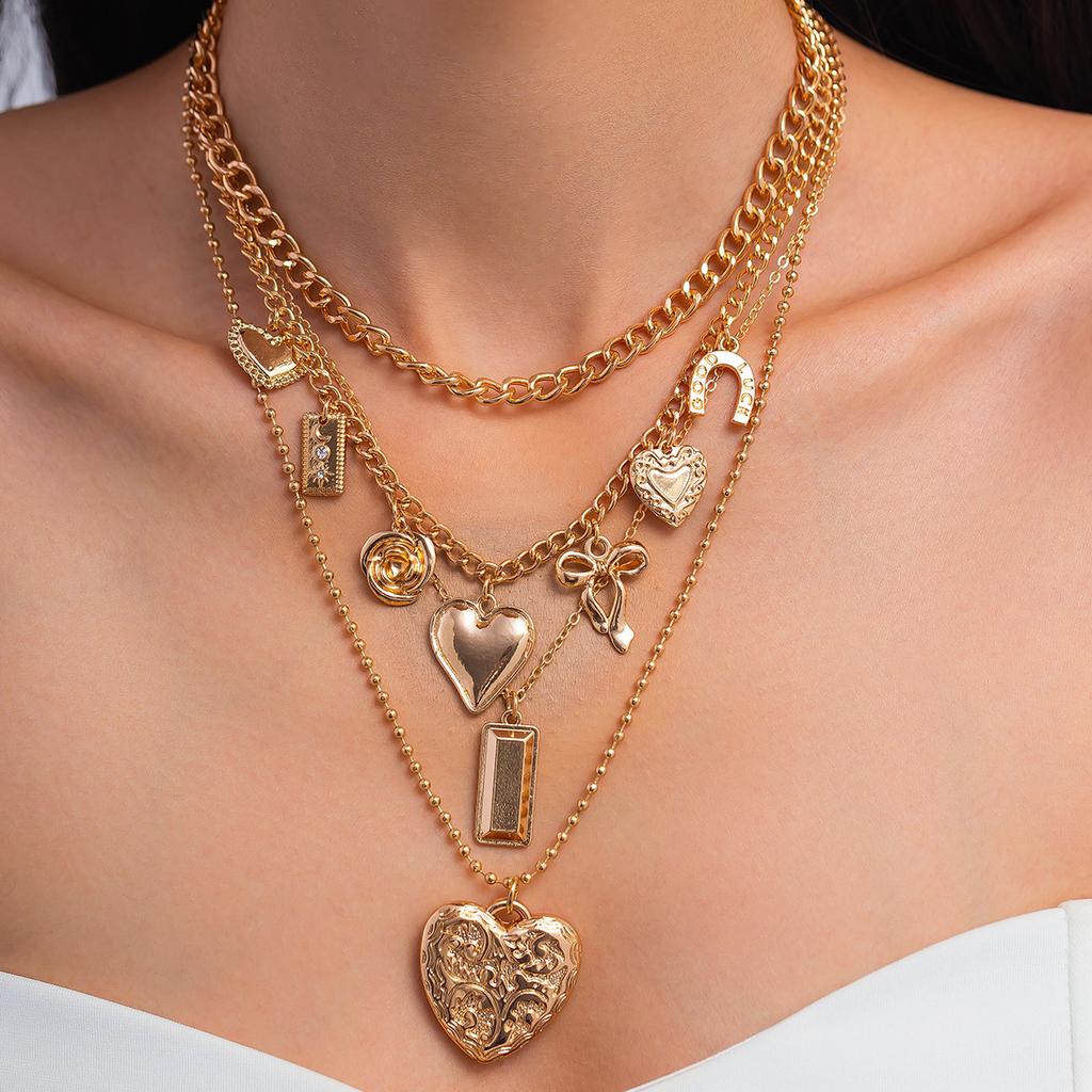 Patterned Love Bow Pendant Necklace Retro Geometric Metal Chain Stacked Clavicle Necklace