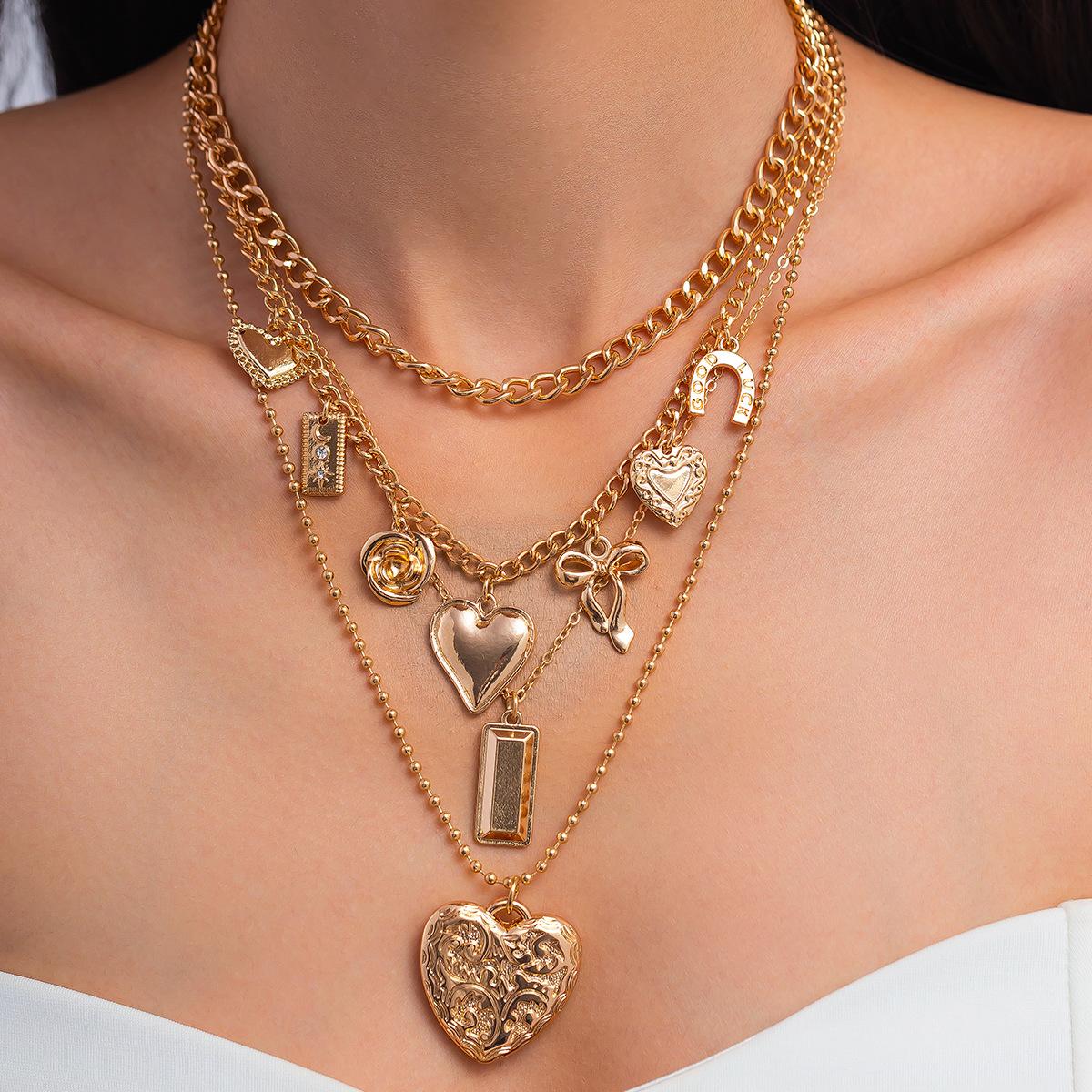 Wind Pattern Love Bow Pendant Necklace, Retro Geometric Metal Chain Stacked Collarbone Necklace