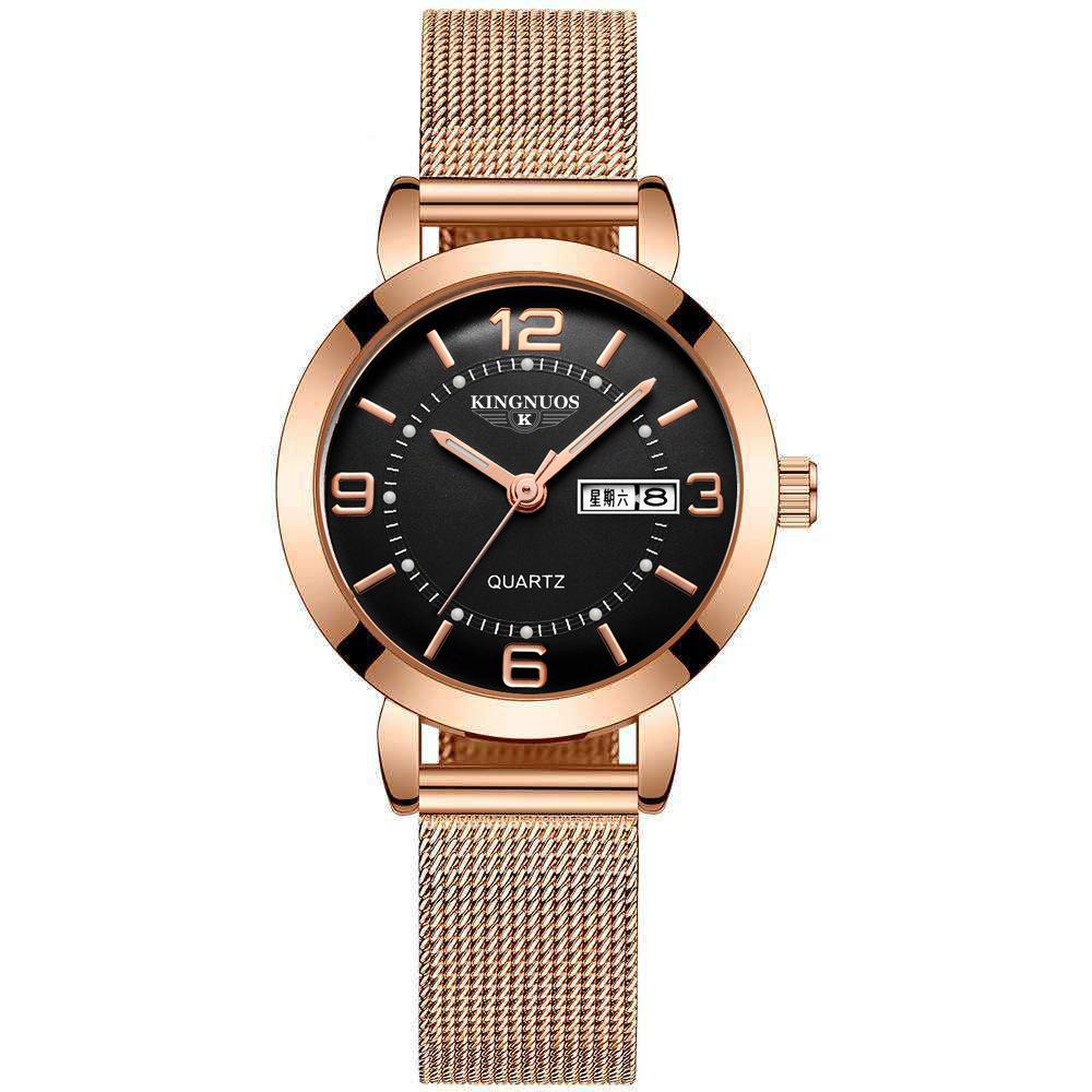 KINGNUOS Quarzuhr Nicht-mechanische Damenuhr Leuchtende wasserdichte Doppelkalender-weibliche Stahlband-Armbanduhr