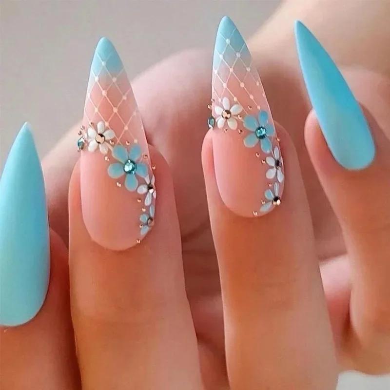 24Pcs Short Round Head False Nails Glitter Pink Almond Fake Nails Strawberry Full Cover Press on Nails Wearable Nail Tips
