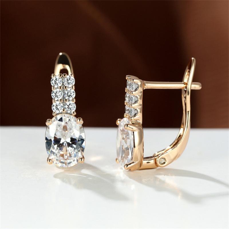 Oval amethyst zircon plated champagne gold ear buckle wedding earrings for women