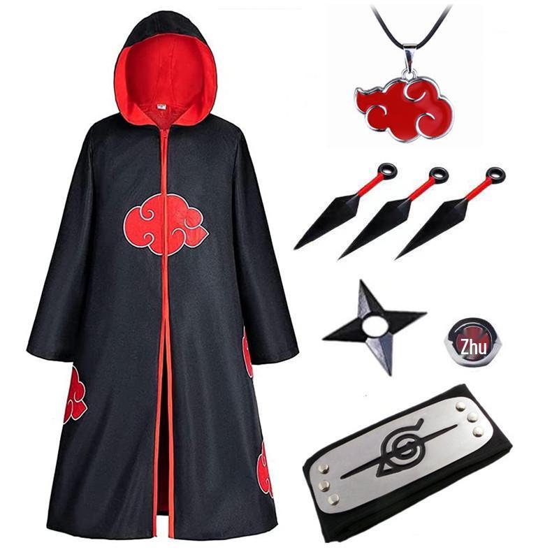 Set pláště Akatsuki s červenými mraky: Obsahuje plášť Naruto, prsten, doplňky čelenky - Ideální pro halloweenský kostým