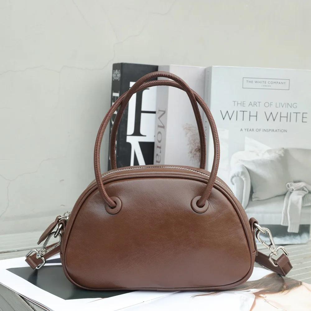 Luxury Women's Small Shoulder Bag Genuine Cowhide Leather Handbag  Girl's Popular and Fashionable Underarm Bowling Purse
