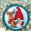 Festive reindeer and gnome pattern Round Wooden Hanging Plaque winter holiday wall art rustic farmhouse front door sign Christmas home decor