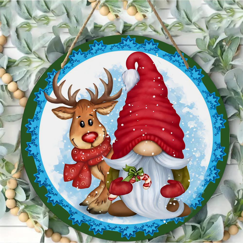 Festive reindeer and gnome pattern Round Wooden Hanging Plaque winter holiday wall art rustic farmhouse front door sign Christmas home decor