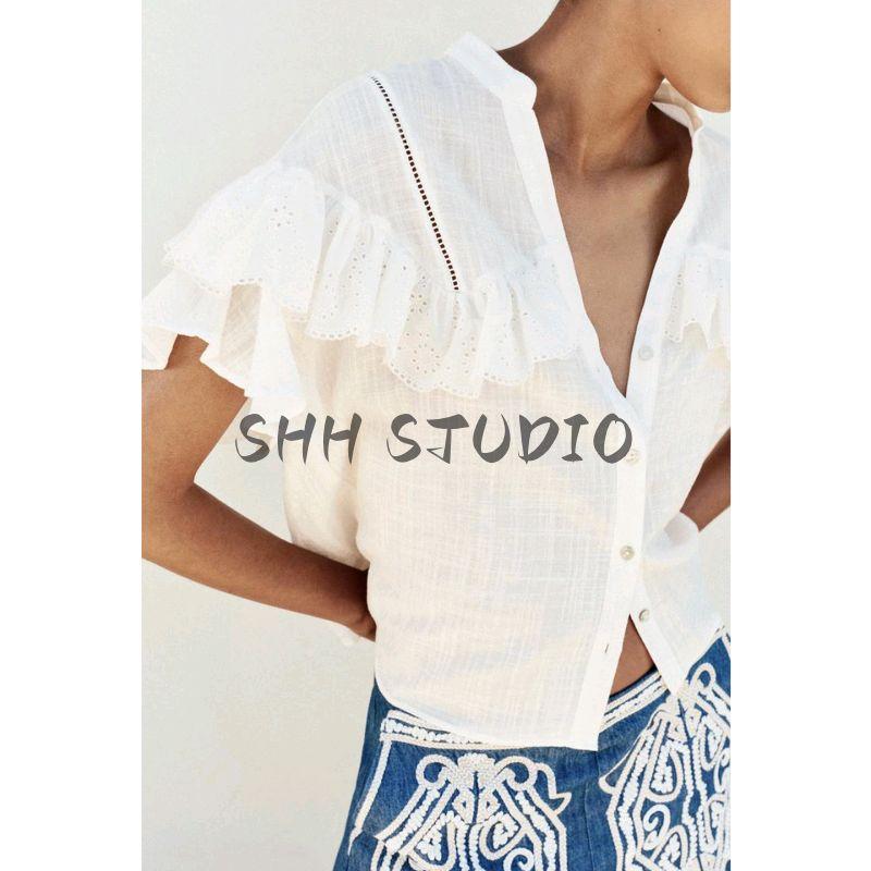 Summer New Product Women's Clothes Vacation Style Cut Out Embroider Laminated Decoration Minimalist Short Sleeve V-neck Shirt 1971060