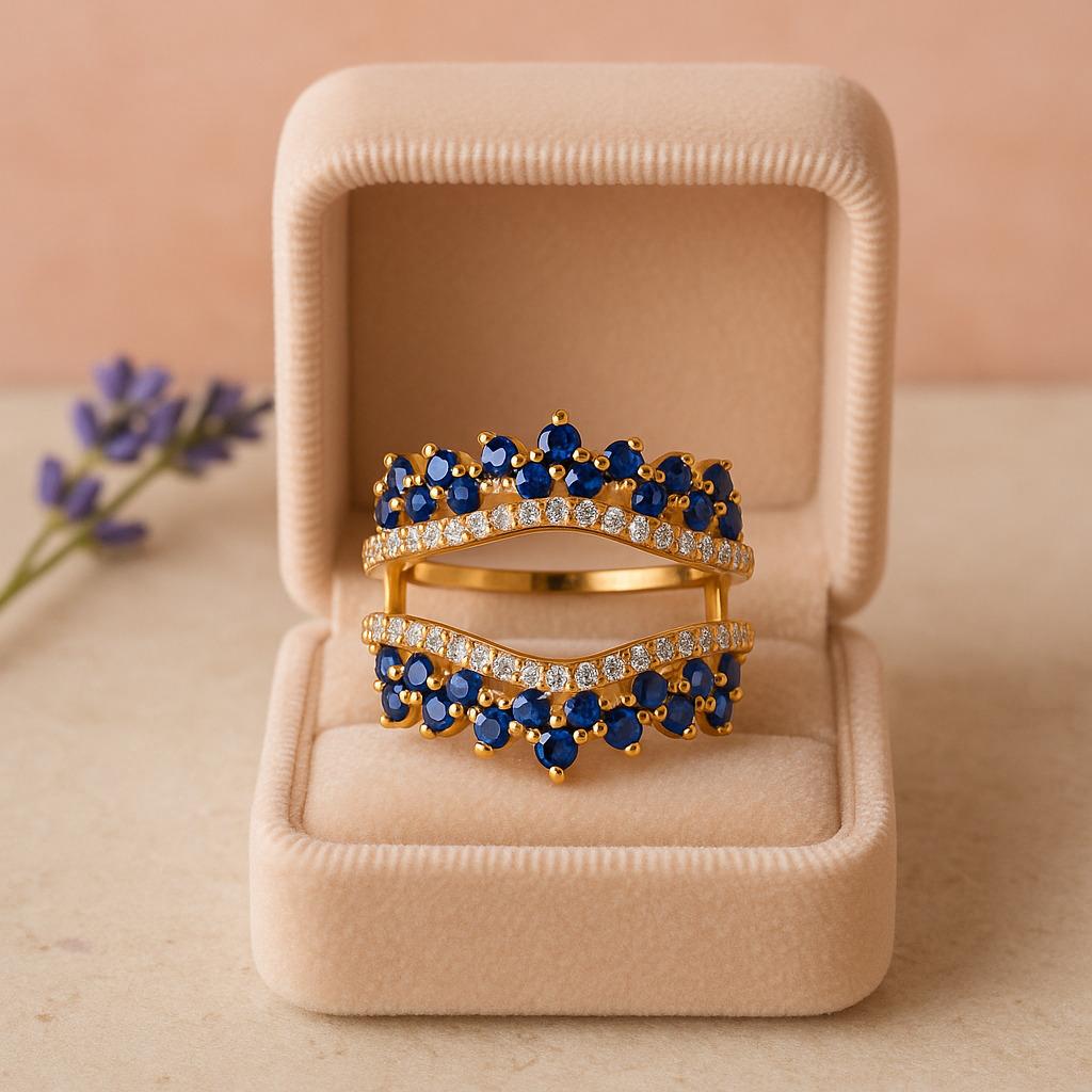 Zafiro azul y diamante simulado doblemente curvado chapado en oro blanco banda envolvente realzadora para boda — anillo de regalo para novia/aniversario