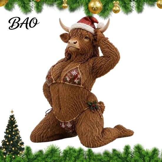 Whimsical Christmas Gifts Funny Highland Cow Figurine, Sexy Statue with Santa Hat Eye Catching Table Centerpiece & Xmas Bikini, Creative Desktop