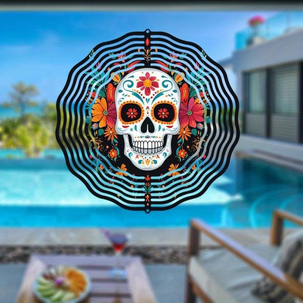 Vibrant Day of the Dead Skull Wind Chime Colorful Floral Skeleton Design 2D Rotating Outdoor Garden Art Festive Wall Decor for Home Yard