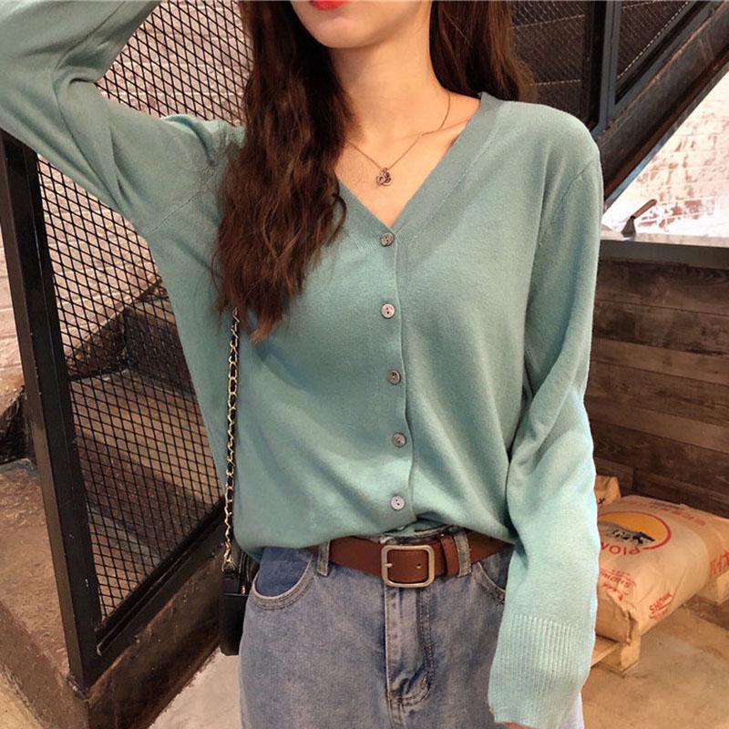 Spring and Autumn Thin Women's Knitwear Short Cardigan Western Style V-Neck Versatile Long Sleeve Top