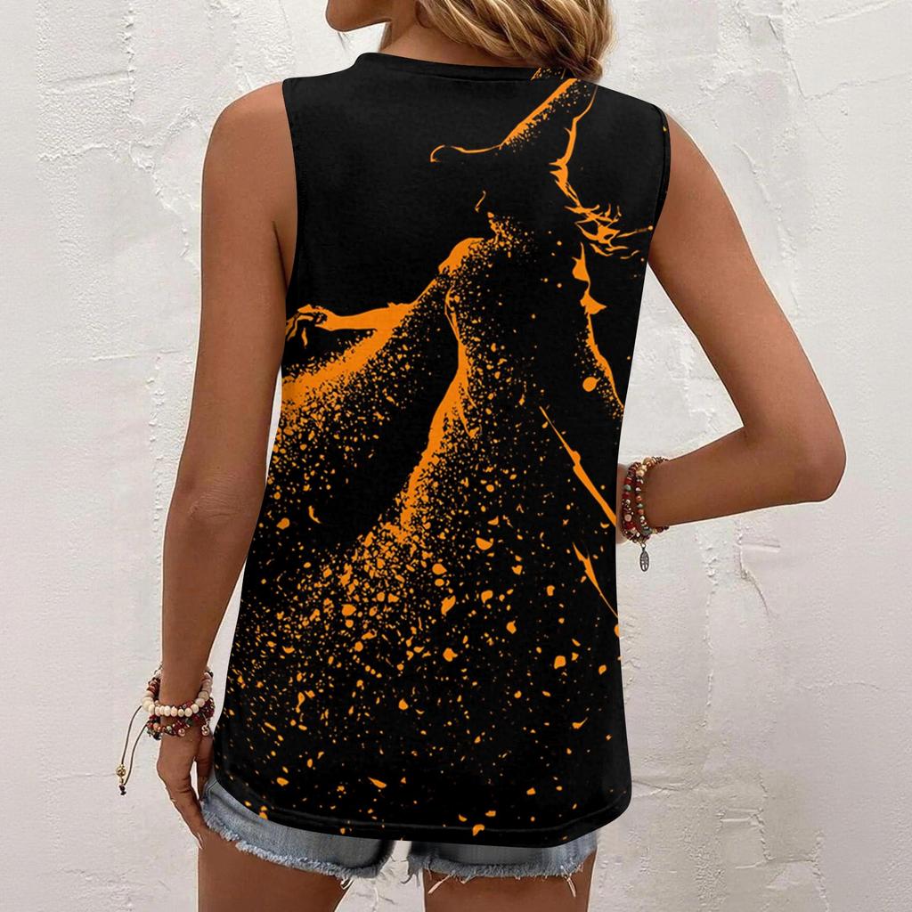 Sleeveless Square Neck Tank Top with Ruffle Detail Halloween Inspired Print Lightweight Casual Summer Blouse for Women