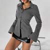 Women's Striped Button Down Long Sleeve Fitted Blouse Flare Sleeve Casual Shirt