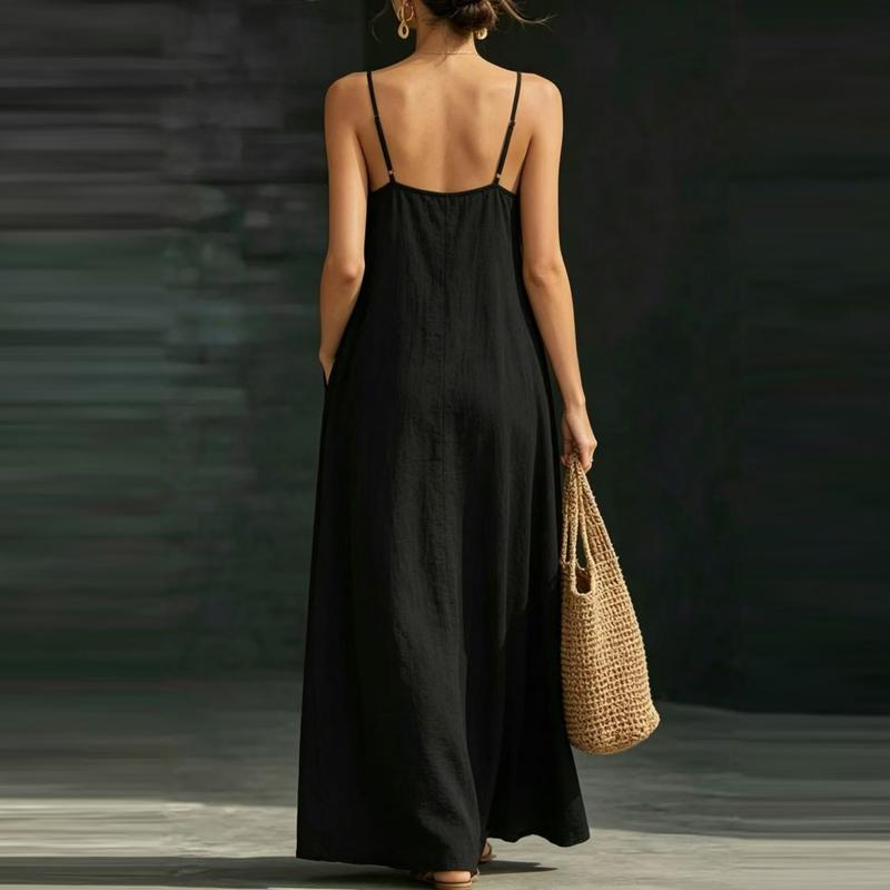 Women's Loose Fit Sleeveless Maxi Dress Casual Spaghetti Strap Long Sundress with Pockets for Summer Beach Holiday